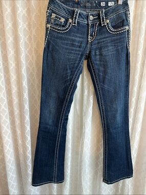 #900 Miss Me Dark Blue Embroidered Flare Jeans